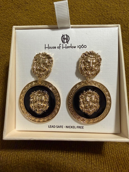 House of Harlow 1960 Accessories - House of Harlow 1960 Gold Lion Medallion Earrings with Black Inset